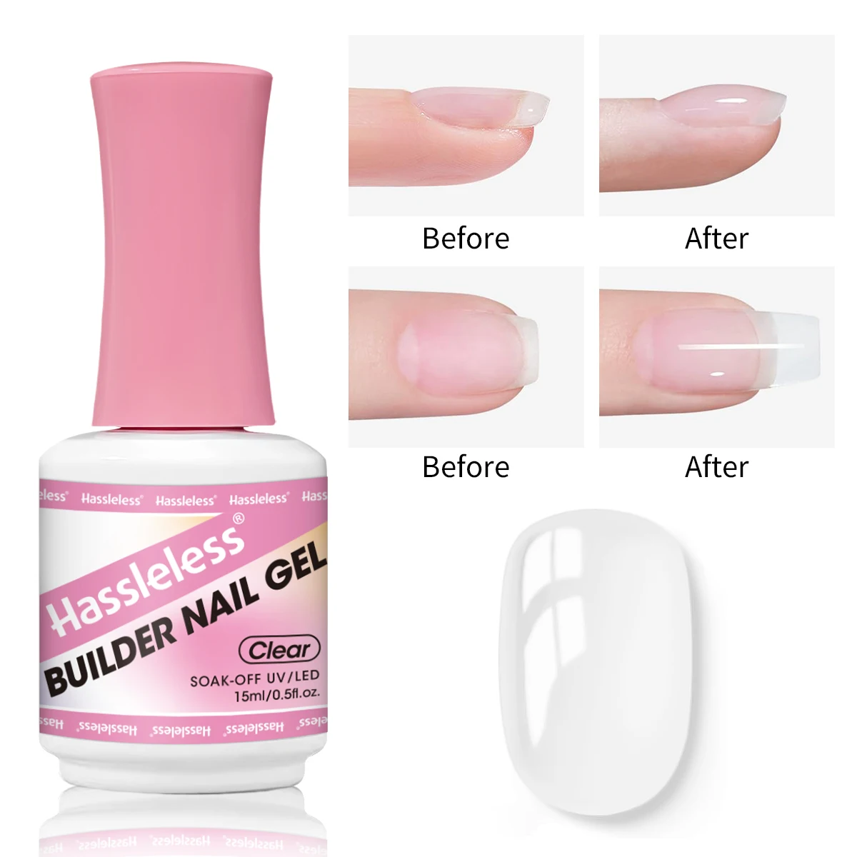 

Гель для наращивания ногтей Hassleless Single-Pack, прозрачный, быстросохнущий | Гладкий и блестящий | Быстро формируйте форму ногтей, подходят для нейл-арта, наращивания ногтей и праздничного стайлинга. | В каждой бутылке 15 мл, идеальный праздничный под