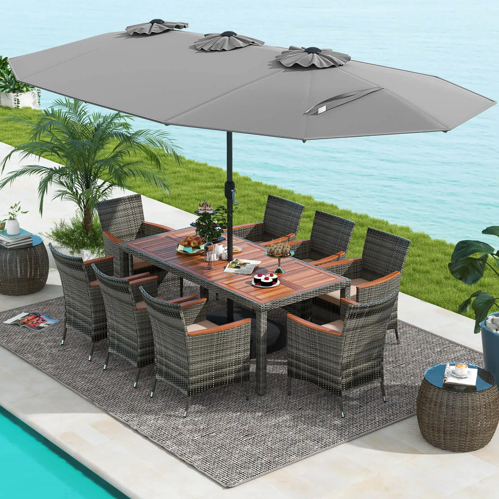 10 Pieces Patio Wicker Dining Set with Double-Sided Patio Umbrella 8 Armchairs Grey