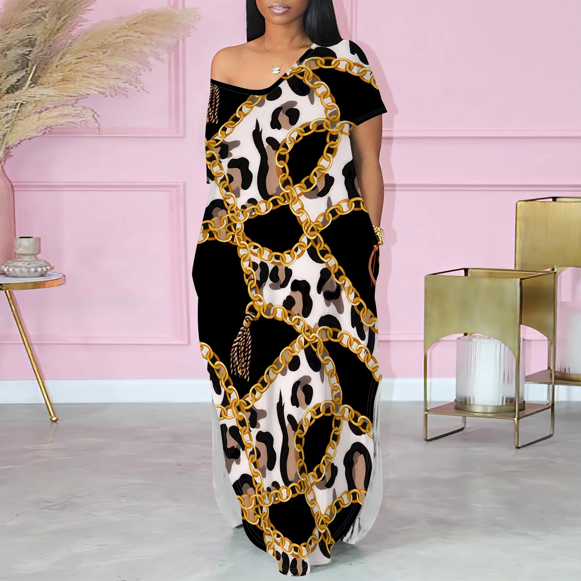 Women's Short-Sleeved One-Shoulder V Neck Women Fashion Printed Split Two-side Slits Casual Maxi Dress With Pocket