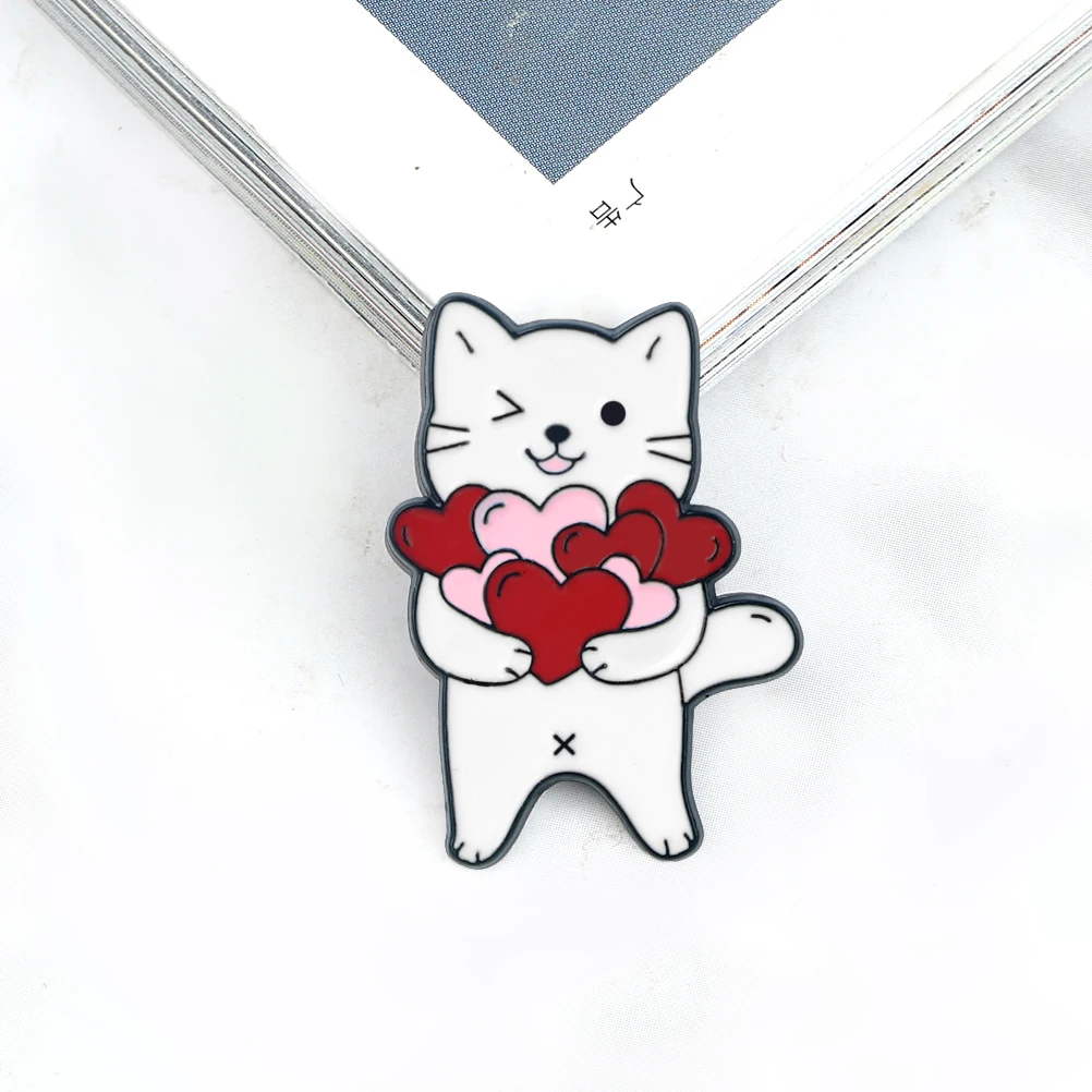 Full Of Love Heart Wink Kitten Metal Pin Cute Cup Jar White Cat Cartoon Brooch Enamel Meow Lapel Badge Pin Denim Clothes Jewelry