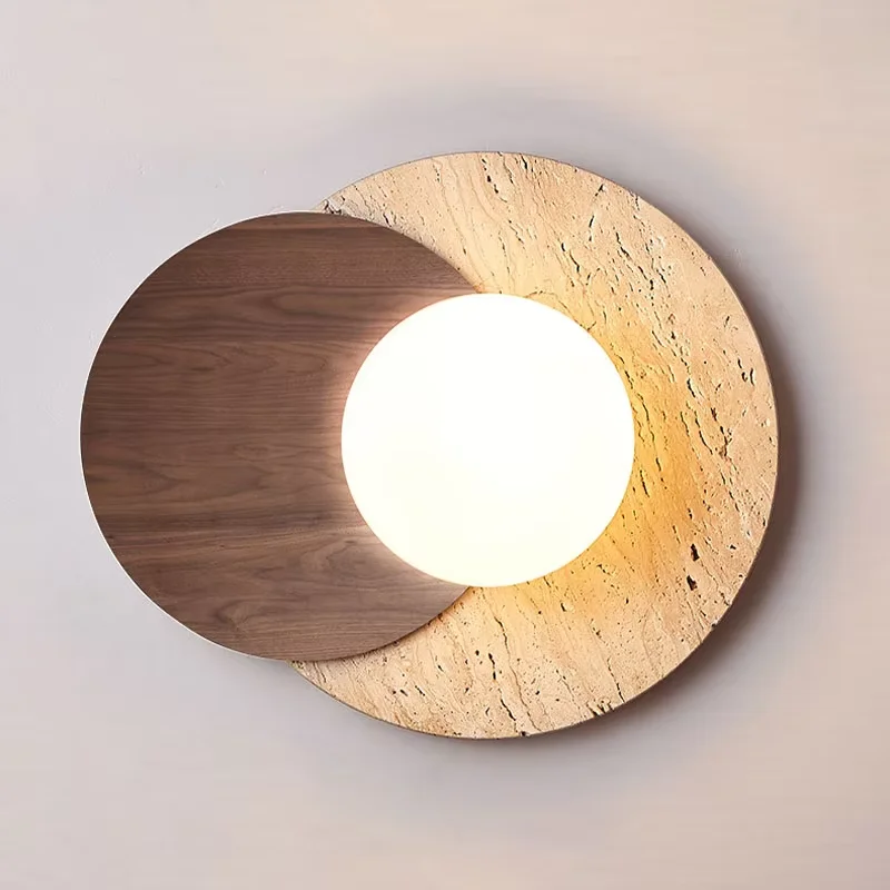

Stone Art Round Wall Lamps Wabi-Sabi Style Nordic Wood Led Lights For Dining Room Hallway Bedroom Bedside Background Wall Decor