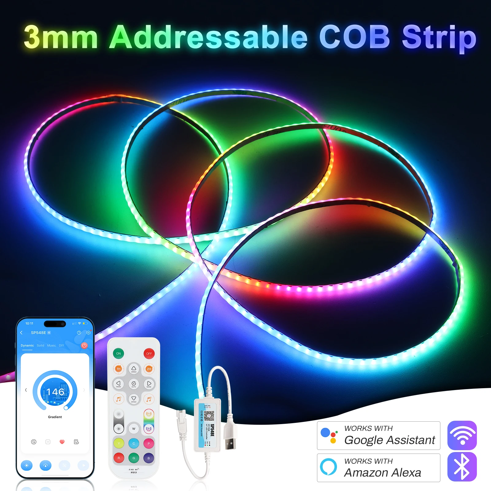 

3mm 5V WS2812B Addressable COB LED Strip Individually IC RGB Flexible LED Strip High Density Dream Color LED Tape 240LEDs/m