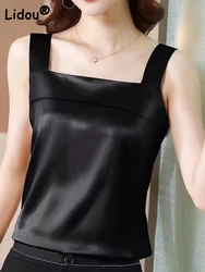 Summer Bottoming Satin Solid Color Commute Vest Slim All-match Fashion Sleeveless T-shirts Casual Square Collar Tank Top Women