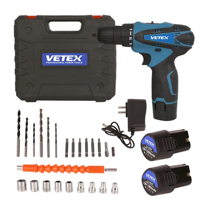 

Popular Sale Vetex PD-D-1002 12V Cordless Electric Impact Drill Power Tool Set with 2 Batteries for Woodworking Electric Tool