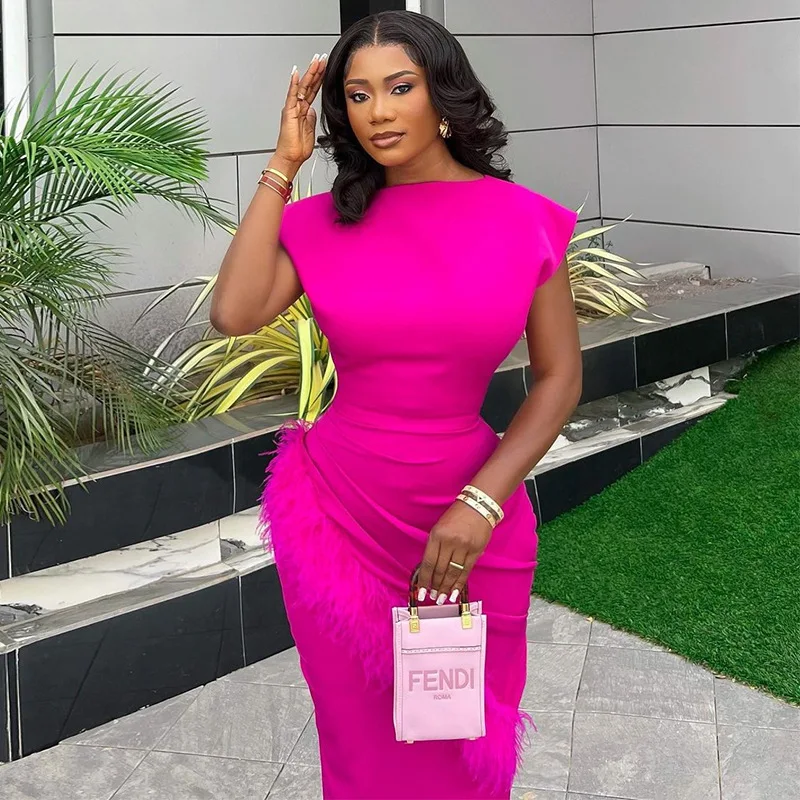 2025년 봄 신상 유럽 및 미국 여성 의류 반팔 플리츠 프린지 슬림핏 미디 드레스