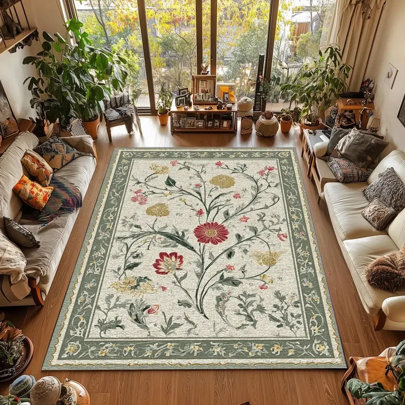 

Винтажный ковер с цветочным принтом, кремовый красный и золотой дизайн с полевым цветком, гостиная и спальня, ретро-украшение для дома, ковры