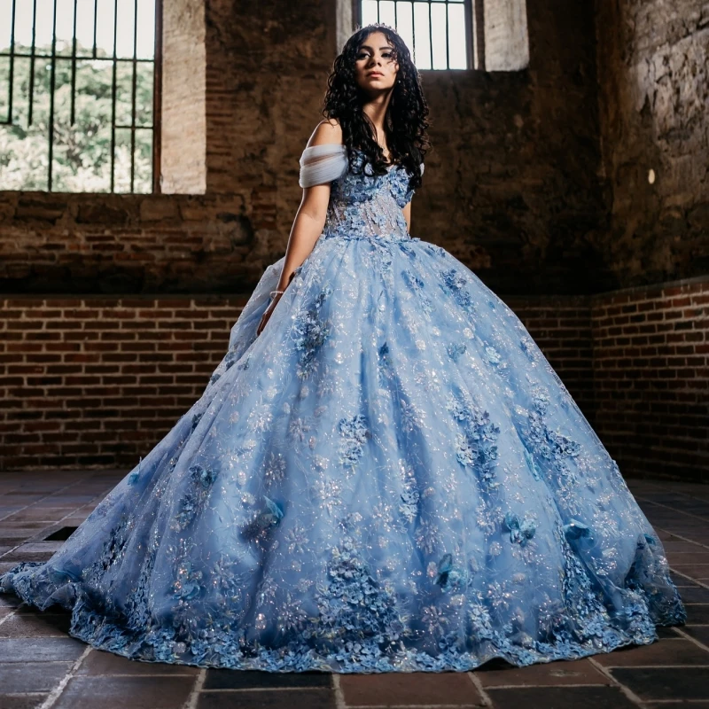 Sky Blue Shiny Quinceanera Dresses Off The Shoulder Applique Lace Bow Beading Crystal Tull Party Birthday Sweet 16 Dress Vestido