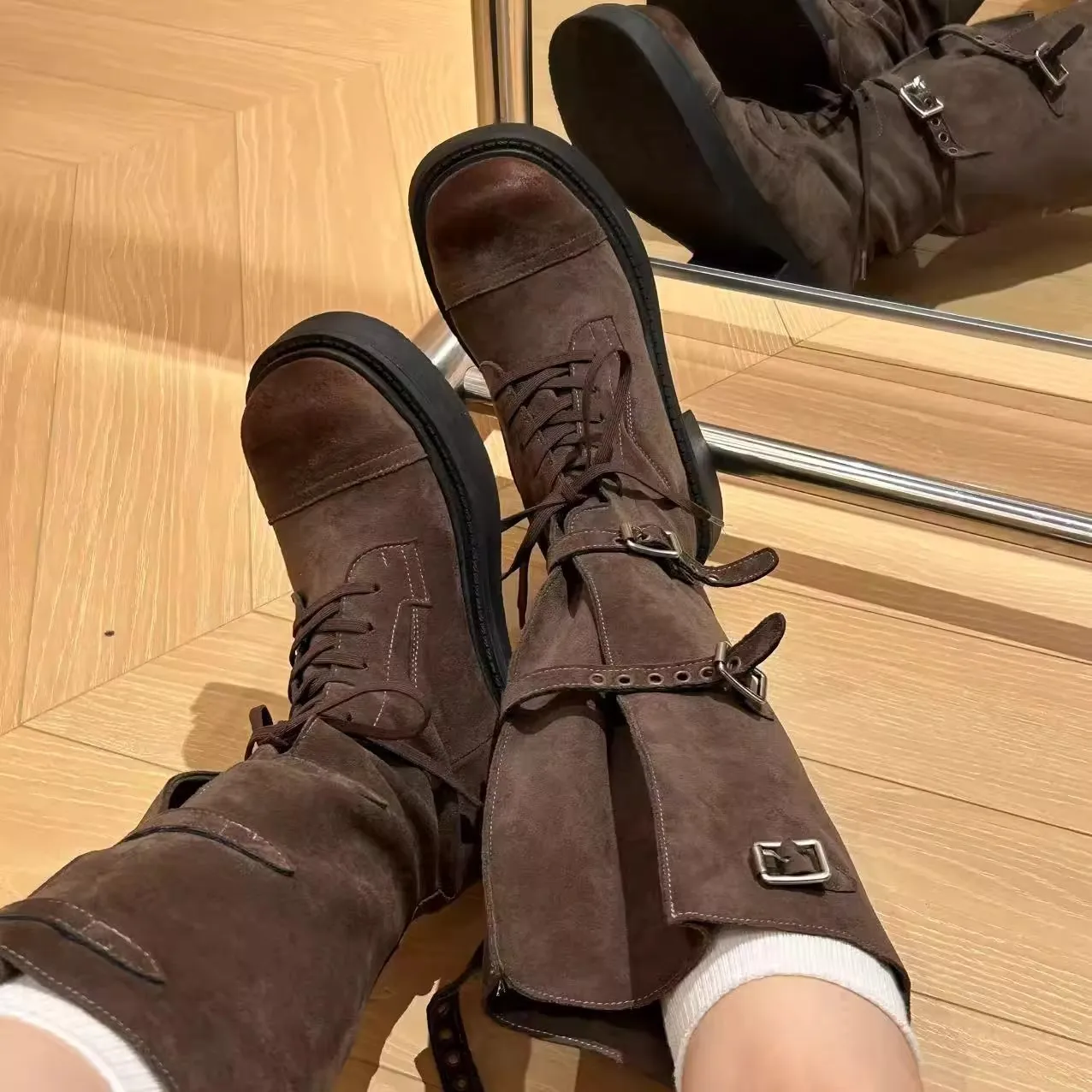 النساء حذاء برقبة للركبة 2025 الخريف جديد المصارع فرسان الأحذية موضة مكافحة زلة منصة مشبك في الهواء الطلق عالية الجودة بوتاس موهير #3