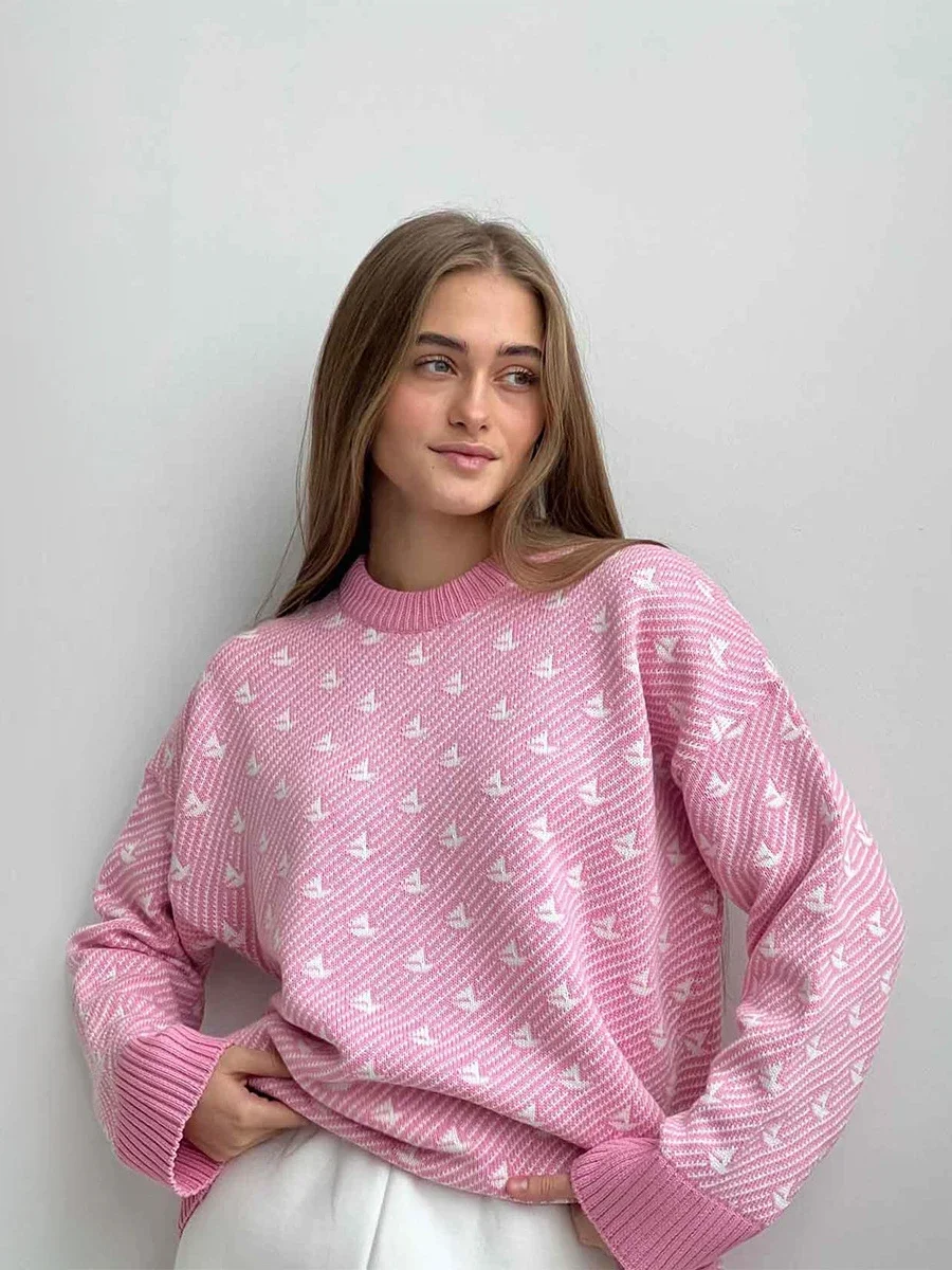 Bornladies Chic Print Knitted Pullover Fashion Women\'s Casual Loose Female Top Autumn Winter Thick Warm Oversized Sweater