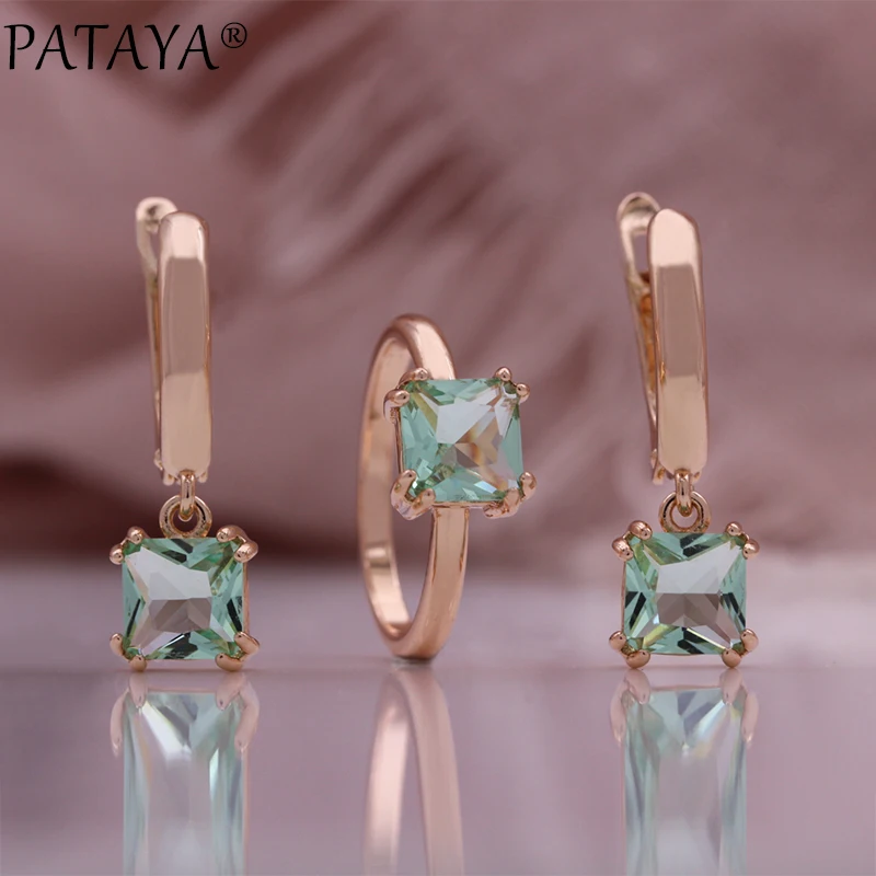 PATAYA Sparkling Square Green Natural Zircon Earrings Rings Pendant Necklace Women Luxury 585 Rose Gold Color Party Jewelry Sets