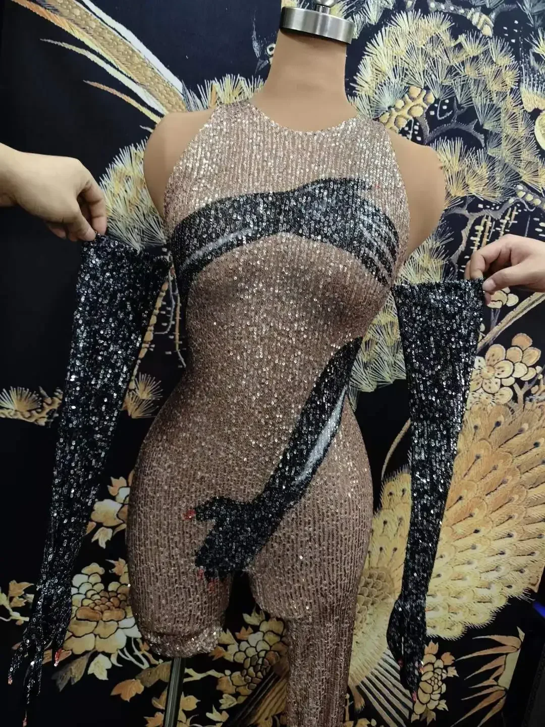 Women Sparkly Sleeveless Bodysuits Black Gloves Sexy Design Drag Queen Costume Dancer Singer Stage Wear