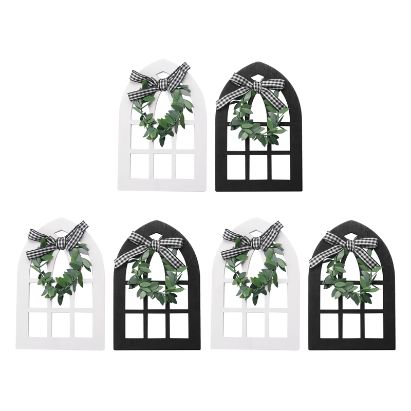 6Pcs Wooden Farmhouse Window Tiered Tray Decoration Plaid Rustic Farmhouse Decor Cathedral Arch Window Shelf Photo Prop