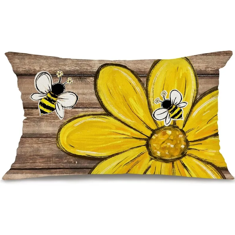 1pc Daisy Flower Bee Lumbar Pillow Cover,Suitable for Sofa,Bedroom,Living Room,Farmhouse Decor,Sweet Gift for Bee&Flower Lovers