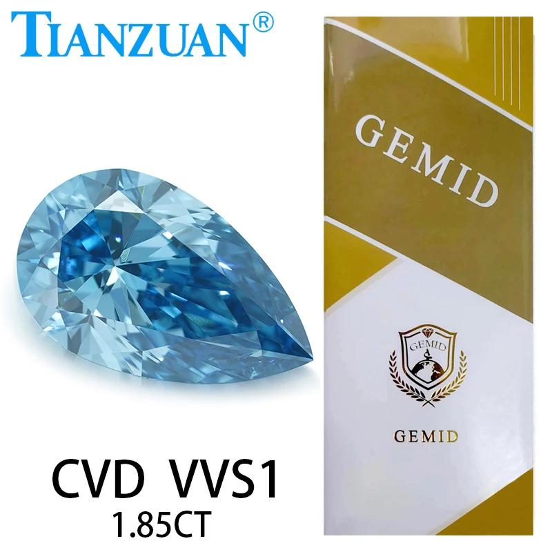 1ct VVS1 Lab Grown Diamond CVD Pear Fancy Vivid Blue Color 2EX Loose Gemstone Bead with GEMID Certified