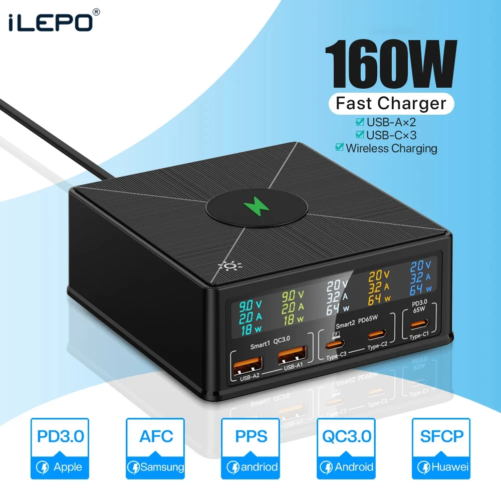 NEW 160W 5 Port USB Charger Staion with 15W Wireless Charging Fast Charger USB-C PD 65W Quick Charger for IPhone Samsung Laptop