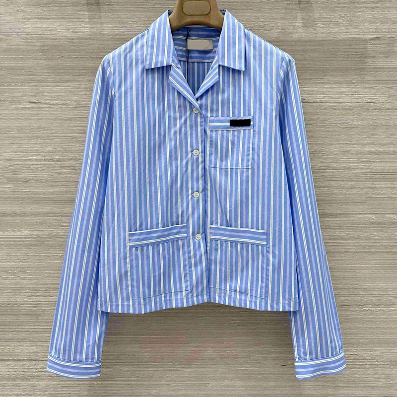 

High Quality women's shirt Fashion Cotton Striped Blouse Turn Down Collar Long Sleeve Three-Pockets Light Blue 25723129