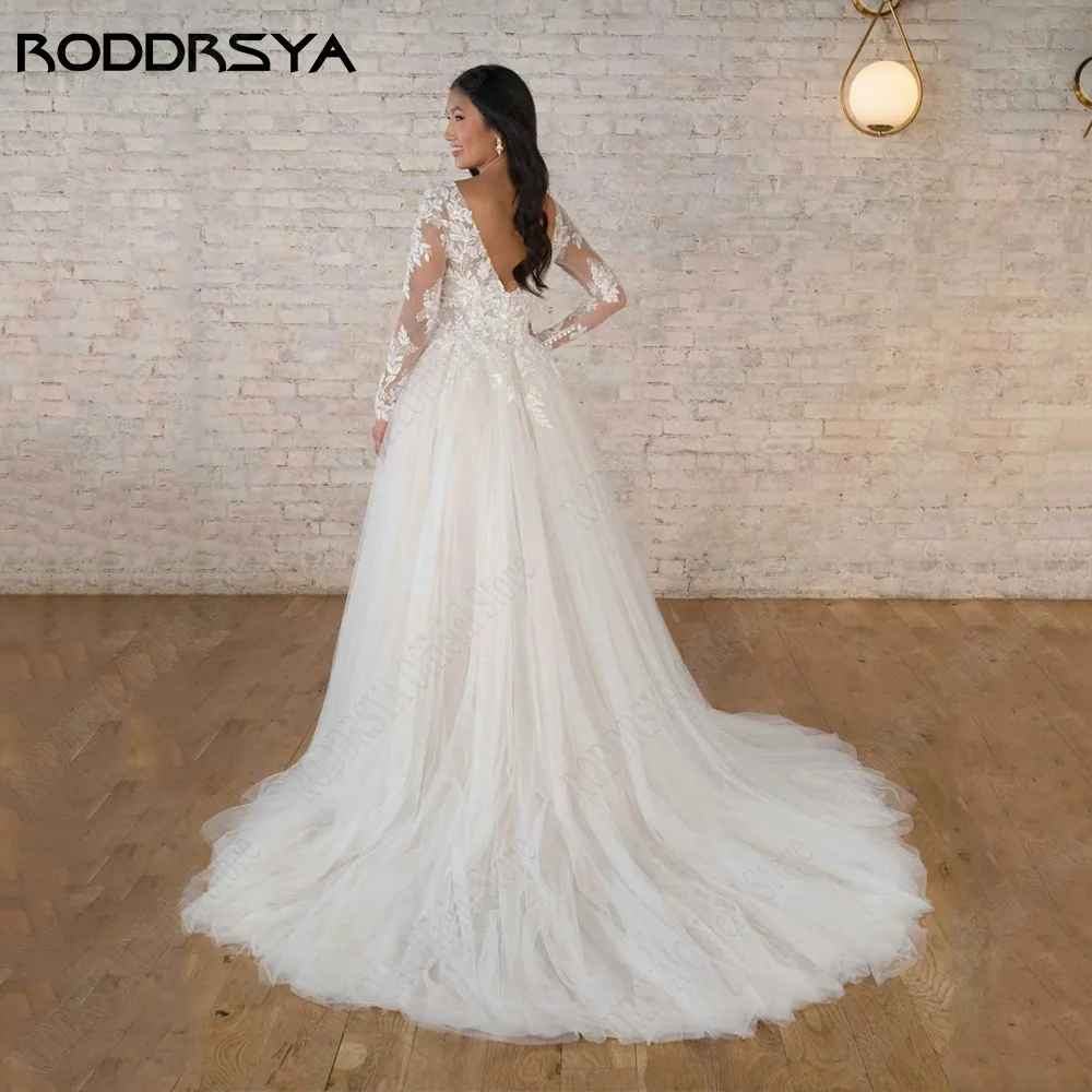 RODDRSYA gaun pernikahan sipil gaun lengan panjang leher V ganda renda gaun pengantin Applique renda A-Line 2024 vestido de noiva casamento