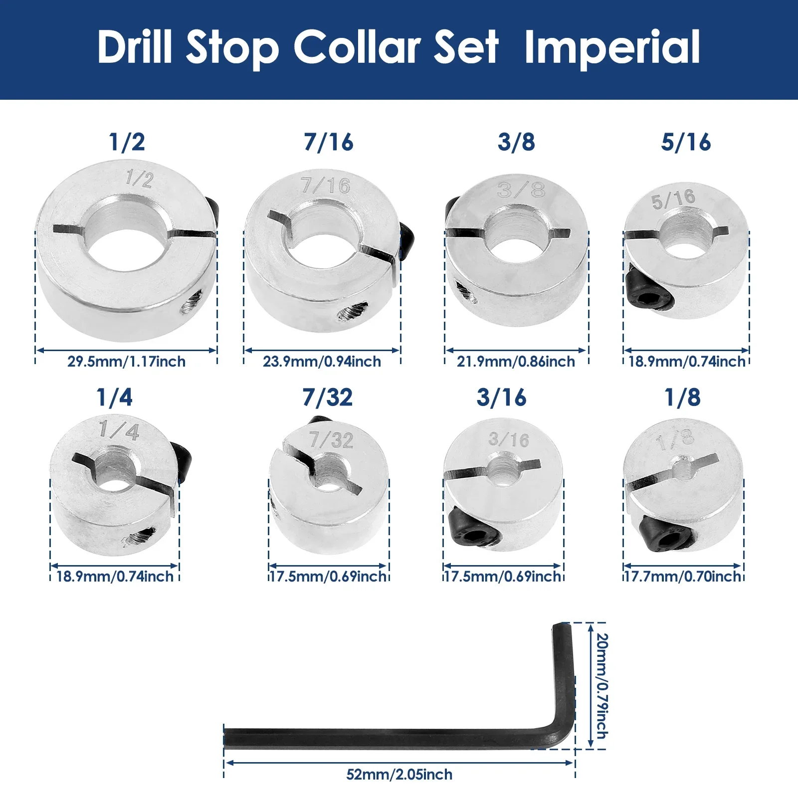 8 ชิ้นเจาะ Stop Collar ชุดอลูมิเนียมเจาะความลึกของบิตหยุดแยกแหวนเจาะความลึก Limiter Stopper Imperial ขนาด 1/2 นิ้ว