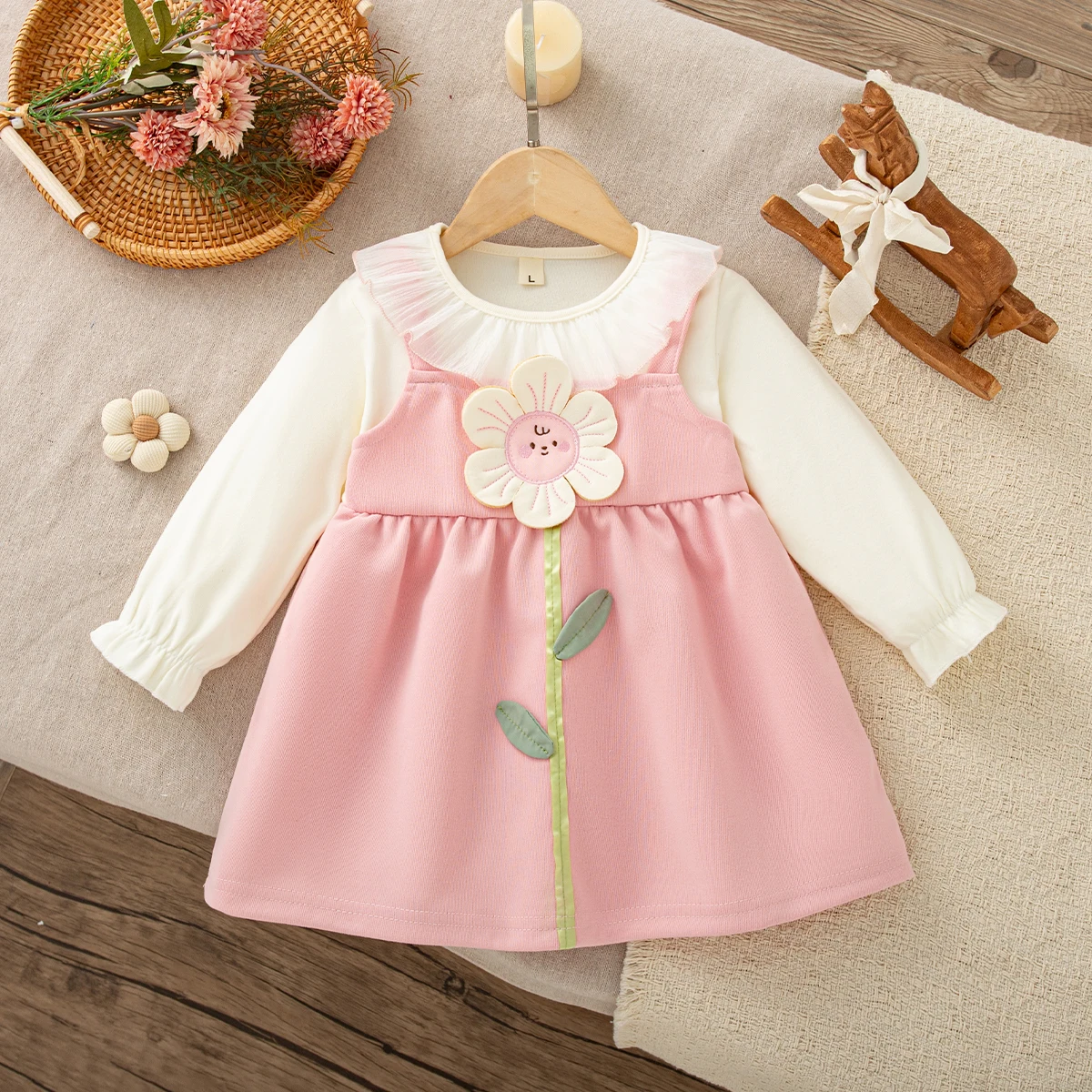 Spring And Autumn New Cute Flower Baby Girl Dress Sweet Long Sleeve Children'S Clothing (9 Months -3 Years Old)