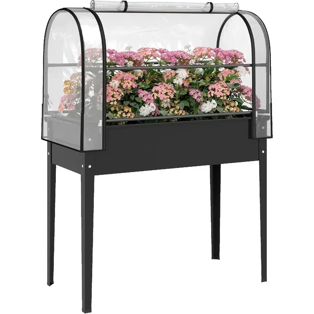 Elevated Metal Garden Bed with Greenhouse Cover, Legged and Drainage, Outdoor Planter for Vegetables & Herbs, 39.4 x 19.3 x 53.5