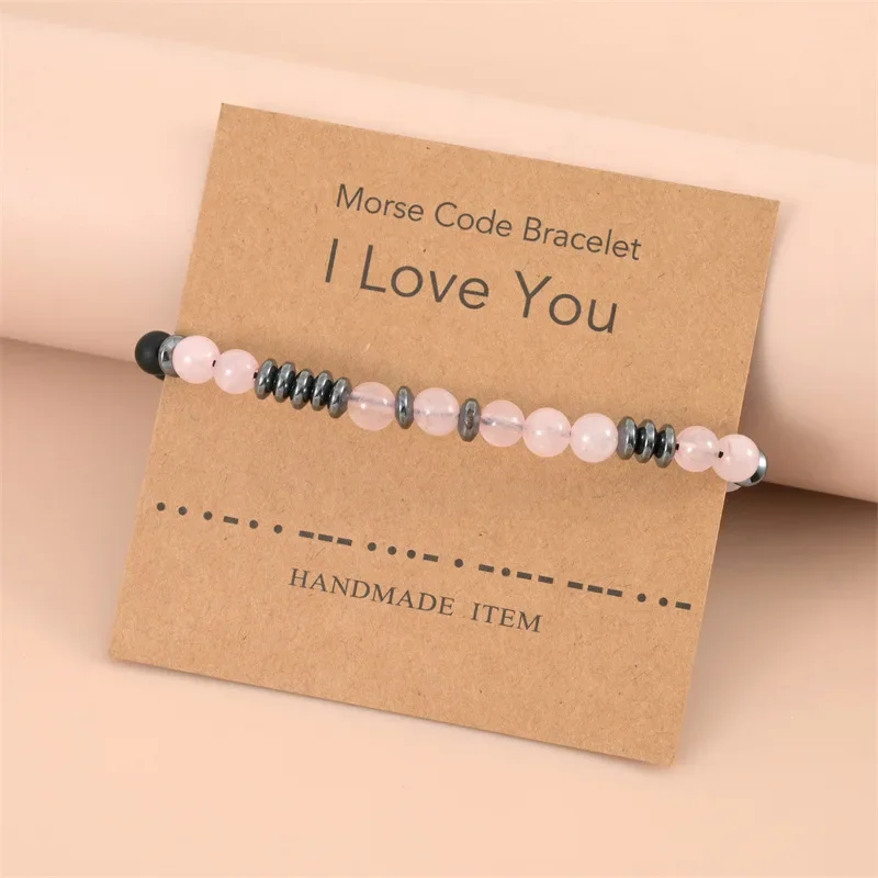 Fashion Morse Code Bead Bracelets for Lover Handmade Pink Crystal Stone Black Matte Beaded Bracelet With Card Jewelry Gifts