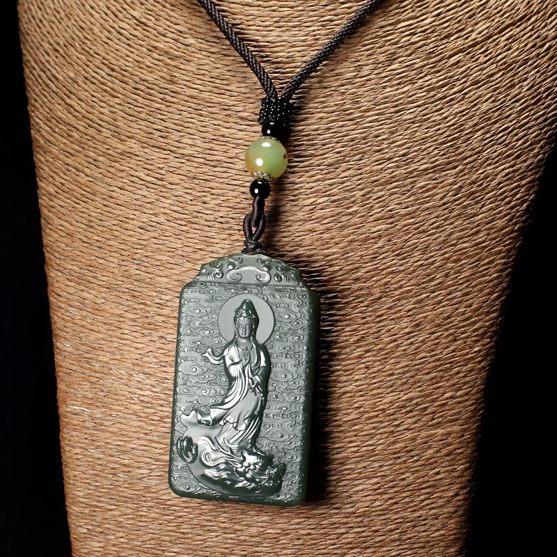 Hetian - , Tower Green Jade-Riding Guanyin Bodhisattva Pendant Men