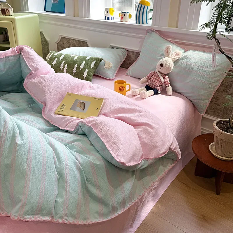 Nordic Stripe Two-Tone Bedding Set High Quality Skin-Friendly Bedclothes with Shell Edge Comfort Colorfast Bed Sets for Single
