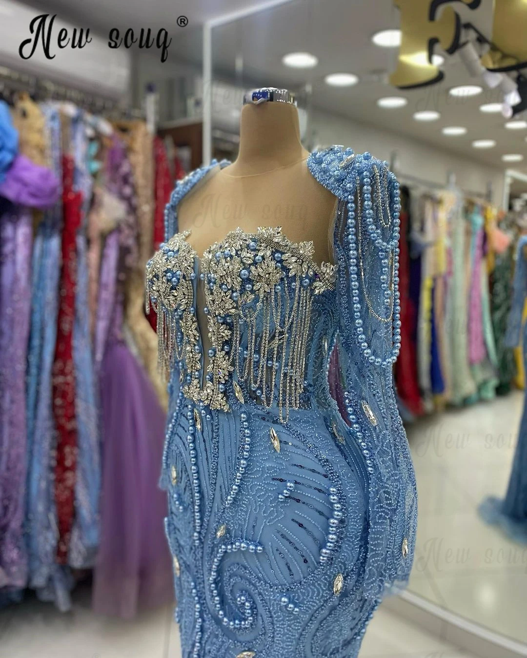 Vestido de festa manga comprida azul bebê feminino, pérolas frisadas africanas, vestidos formais de baile de casamento, luxo, alta costura, 2024