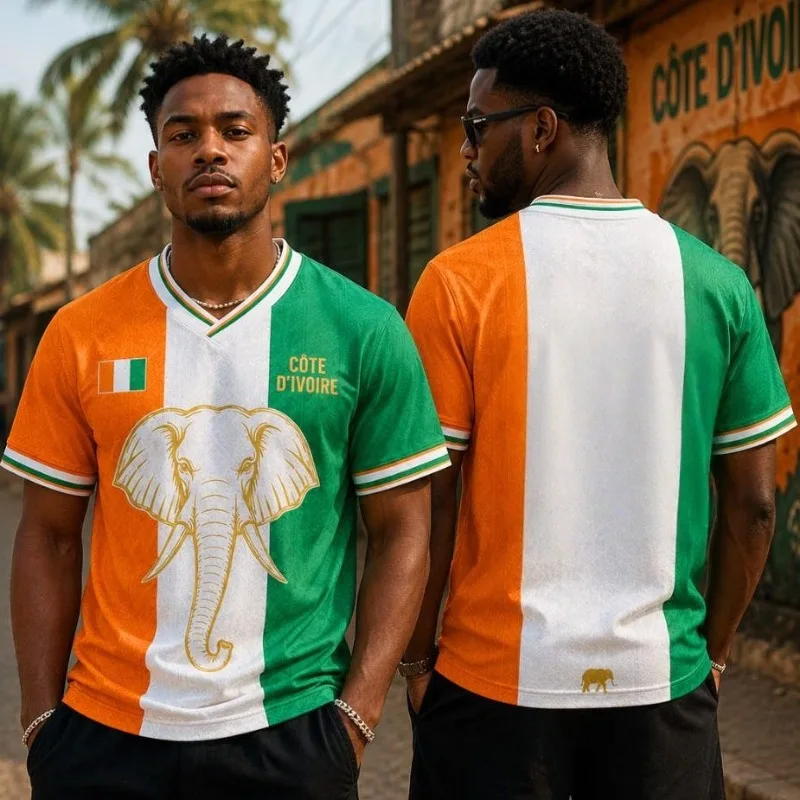 2026 Sommer Elfenbeinküste Stil Fußball Sport T-Shirt Atmungsaktives Gym Locker Sitzendes Athletisches Kurzarm-Oberteil Erwachsenen- und Kinder-Freizeit-T-Shirt