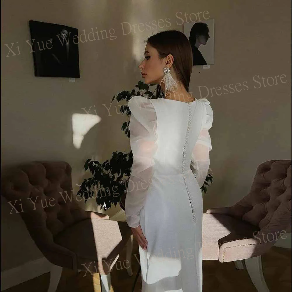 Classic Satin Mermaid Generous Wedding Dresses With Modern Long Puff Sleeve Square Neck Button Bride Gowns Customize To Measure