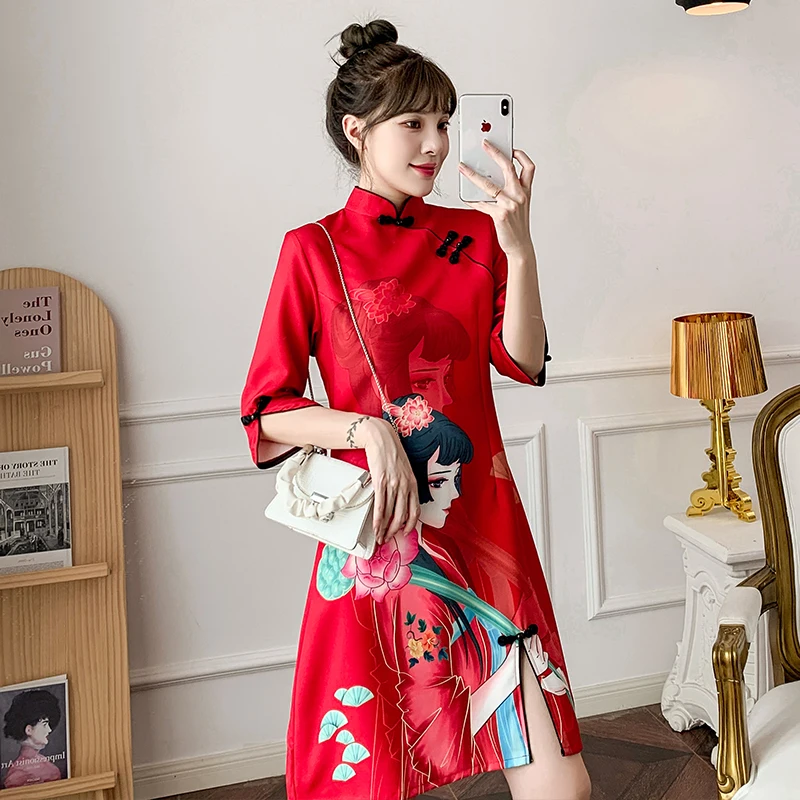 

Ins Red Blue Loose New Fashion Modern Chinese Cheongsam A-line Dress Women 3/4 Sleeve Qipao Traditional Chinese Clothes