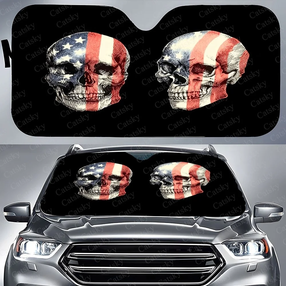 This Design Features Two Skulls With An American Flag Pattern, Perfect For Car Window Shades. Vibrant And Bold, It Adds A Patrio