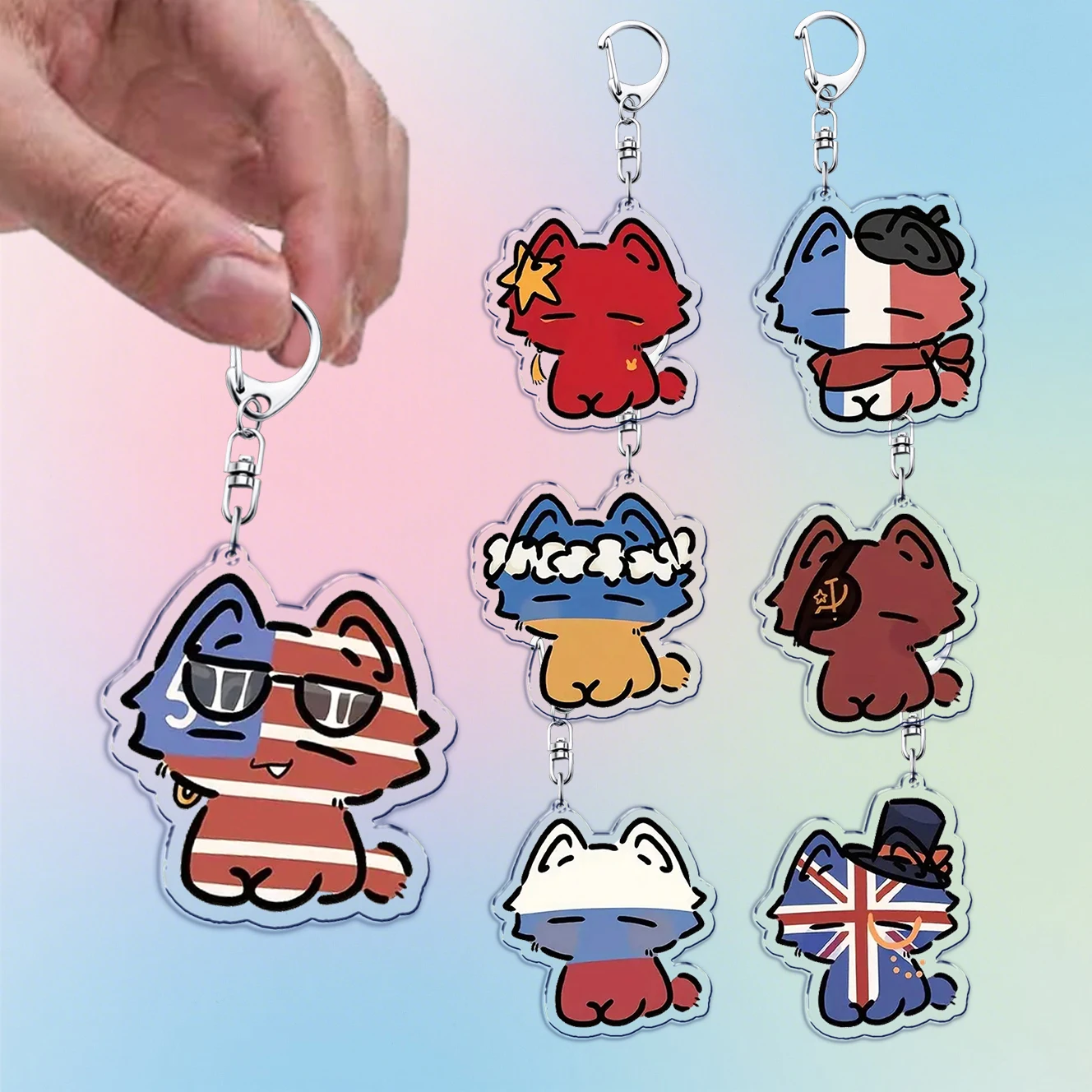 Funny Cute Cat United States Kingdom Keychain for Accessorie Bag National Flag Farming Charm Keyrings Jewelry Friends Gifts