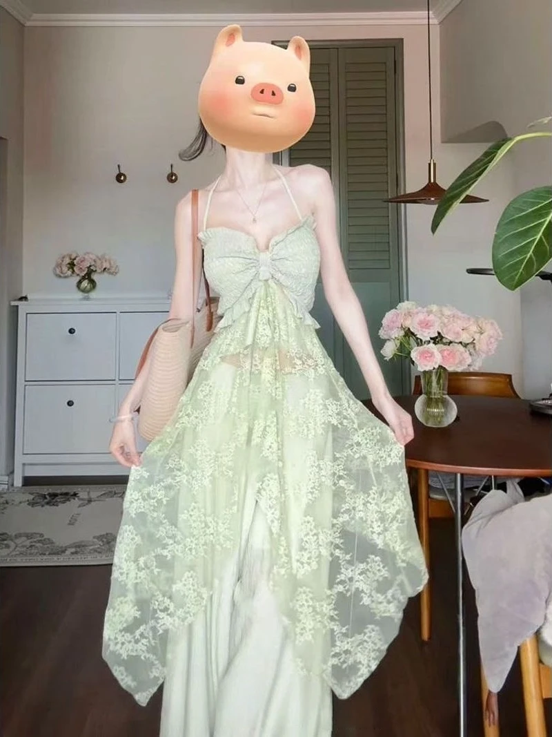 

Elegant Summer Vacation Style Mesh Strapless Neckline Dress And Wide Leg Pants Set Women's Fashion High Waist Floral Print