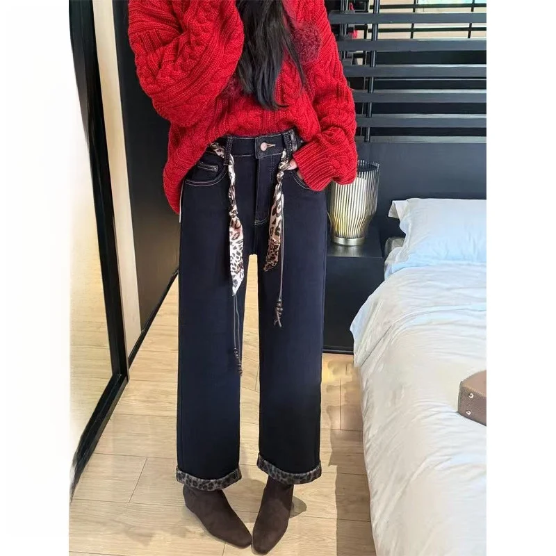 

plus Size Women's Design Sense Cuffed Leopard Print Slimming Denim Jeans Autumn Spring Fce Lined Meat Concealing Nine Poin...