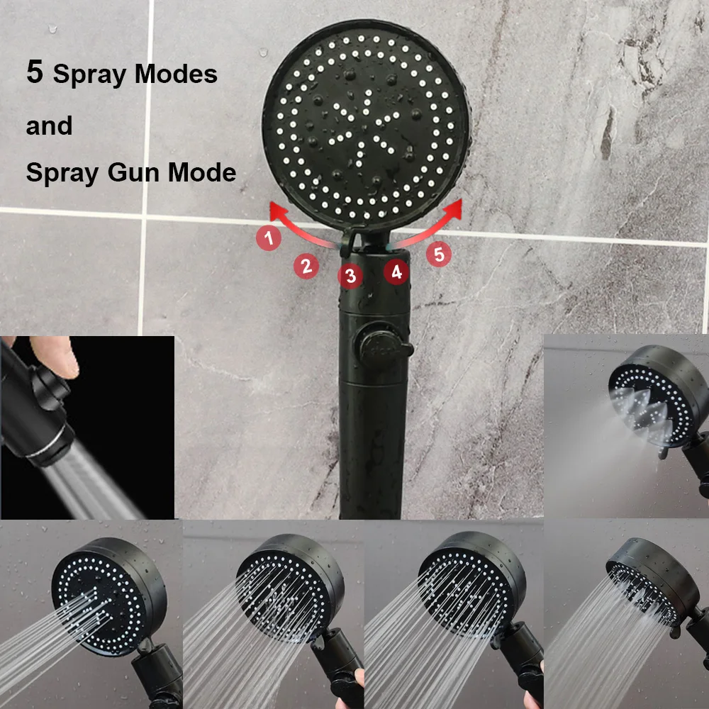 5 Modes Shower Head Black Silver 360 Degrees Rotating High Pressure Sprayer Nozzle Filter Bathroom Shower heads with Stop Button