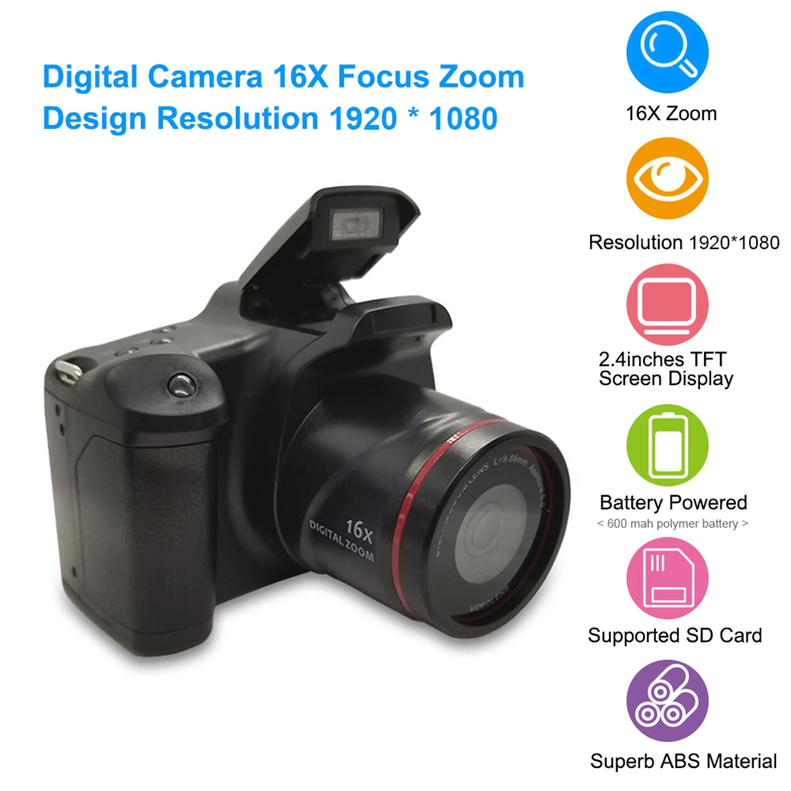 Digital Camera 16X Focus Zoom Design Resolution 1920*1080 Supported Storage Card Battery Powered Operated for Photos Taking