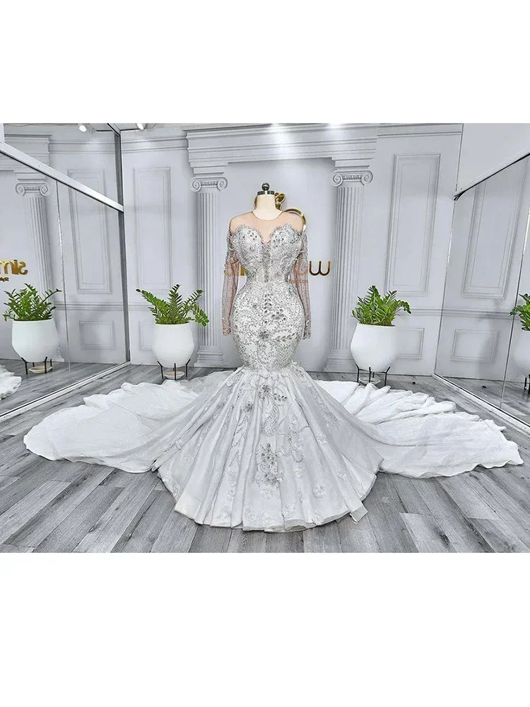 تخصيص الحديثة مغرفة الرقبة تسلق بلورات الخرز فستان الزفاف سويب تراين فيستدو دي نوفيا طويلة الأكمام صور حقيقية Brid