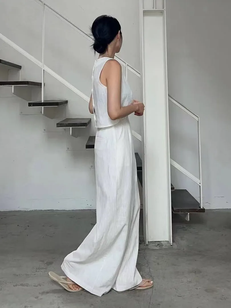 

Женский хлопковый льняной топ без рукавов, тонкий круглый комплект Ne Ba на пуговицах, повседневные широкие брюки, модный летний наряд