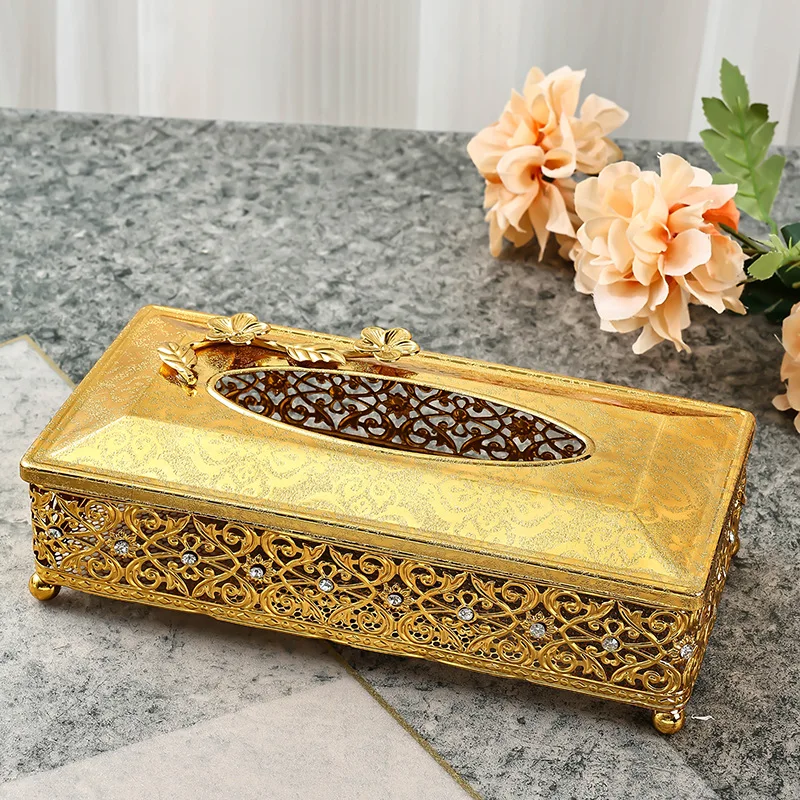 European style gold large tissue box for home use, indoor living room, light luxury, high-end paper box, high-end hotel storage