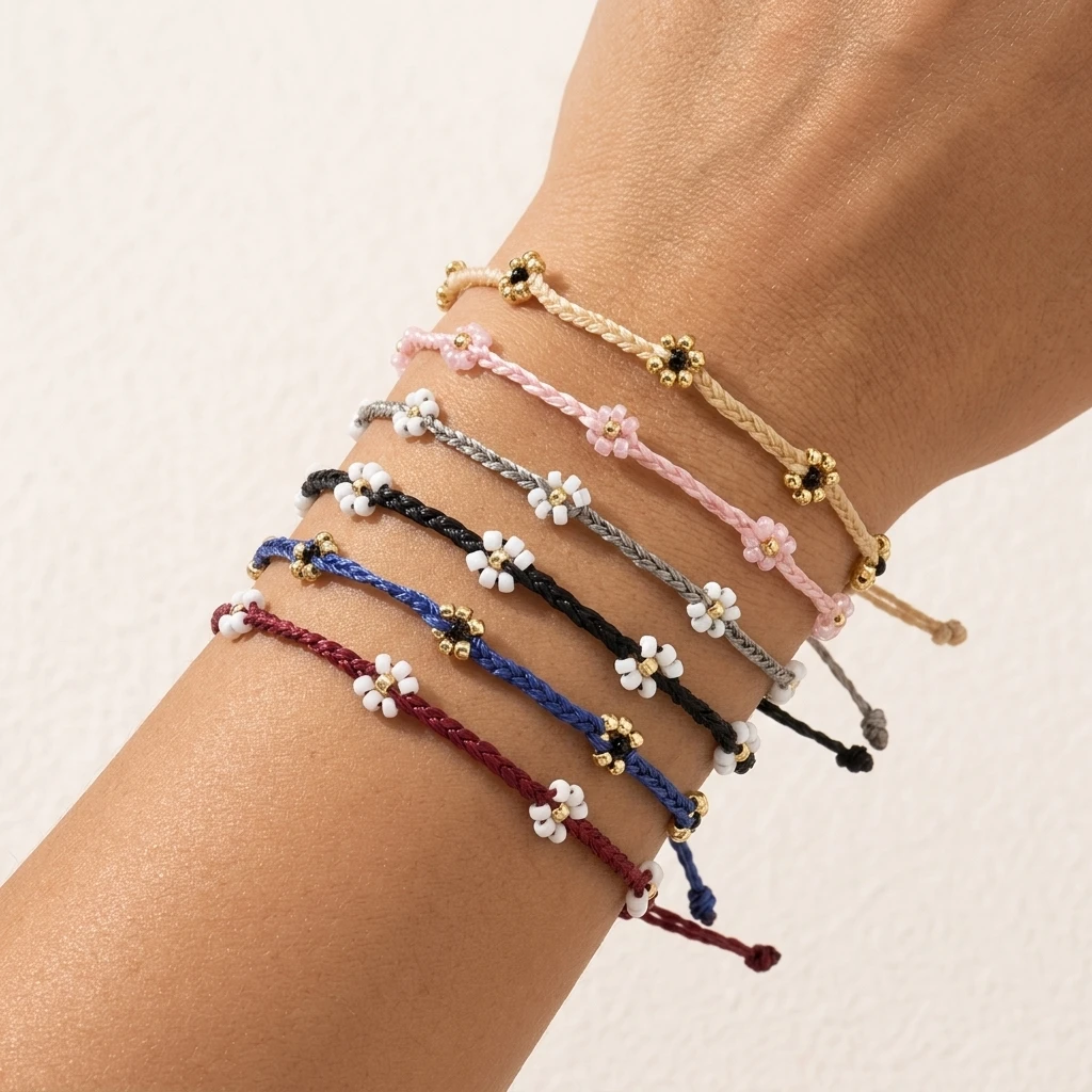 

Набор из 6 пластиковых браслетов с цветочным плетеным узором в богемном стиле, регулируемые браслеты-цепочки для женщин
