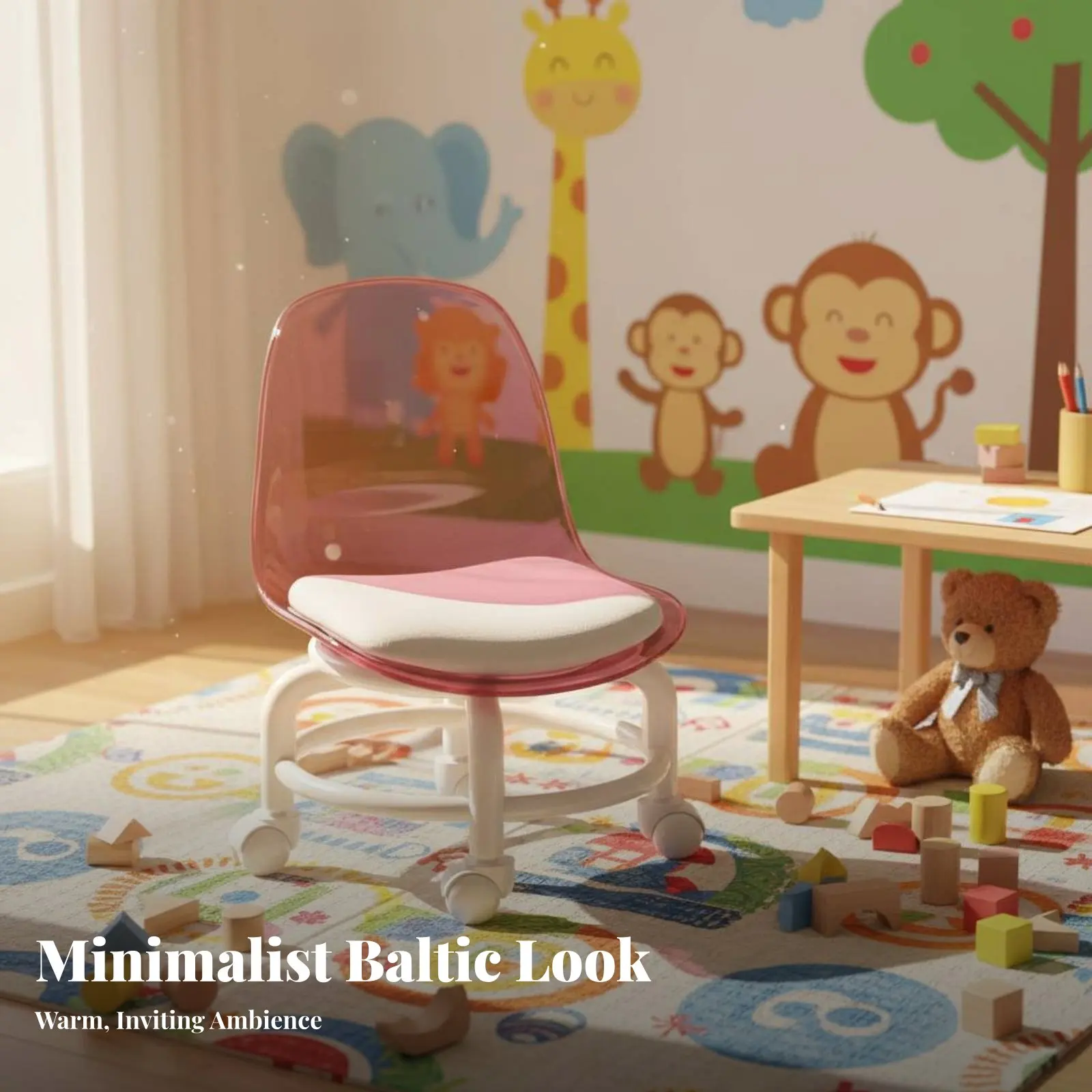 

Прозрачный стул на колесиках с вращением на 360 градусов, бесшумные колесики, подходят для уборки пола, игровой комнаты, гаража.