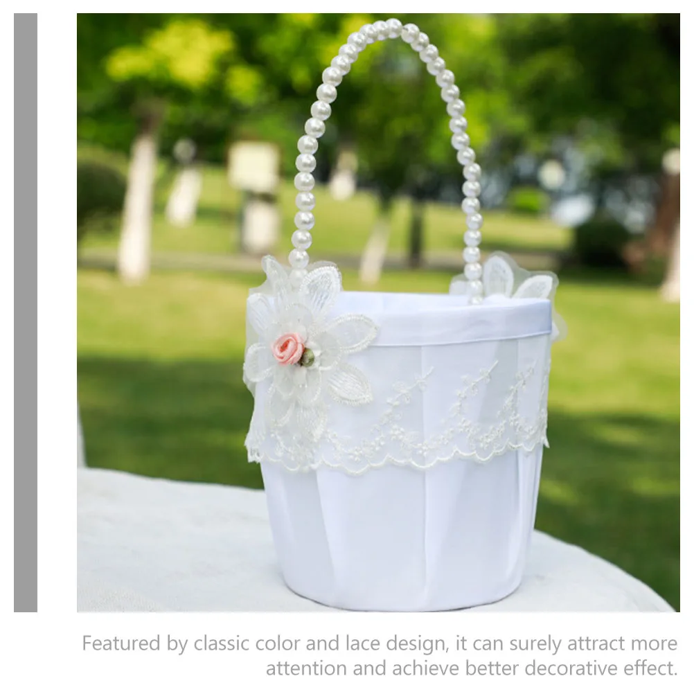 

White Wedding Girl Flower Petal Container Basket Rustic Lace Pearl Decorative Baskets Small H For Parties Garden Supplies