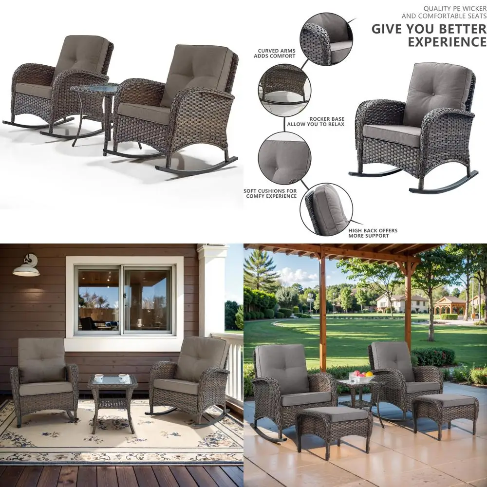 

High-Back Outdoor Wicker Rocking Chairs Set with Side Table for 3, Ideal for Patio or Balcony