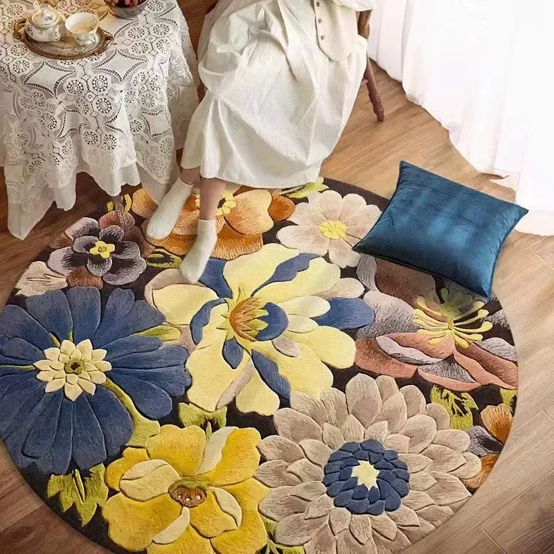 EIFLOY Retro Flower Velvet Floor Area Rugs Round Bedroom Living Room Mat Anti Slip Soft Carpet Thick Home Decor Machine Washable