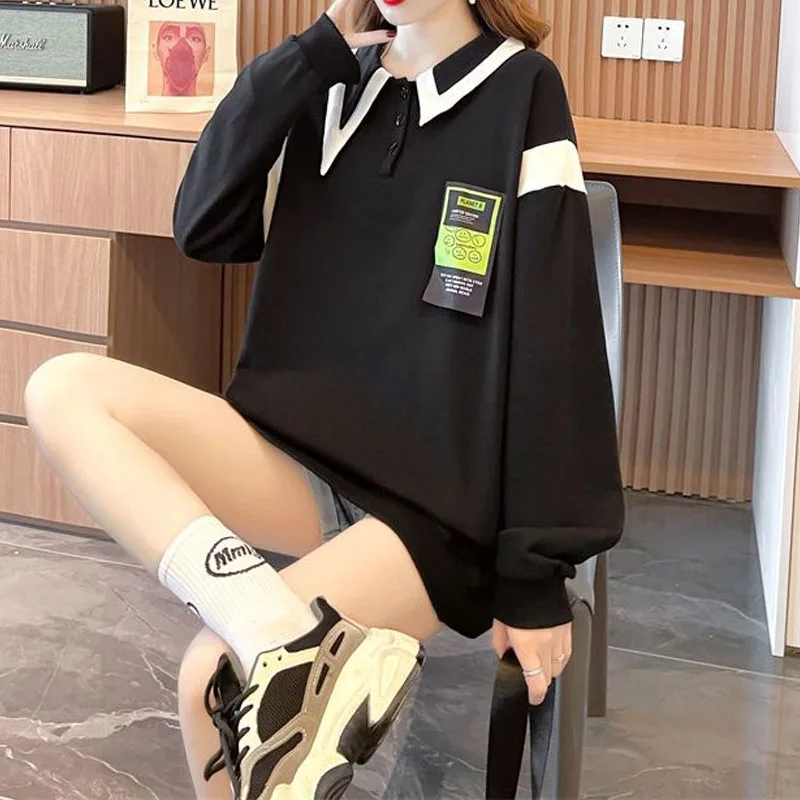 New Autumn, Spring, and Autumn Fashion Trend Patchwork Contrast Polo Collar Thin Loose Versatile Simple Female Student Sweater