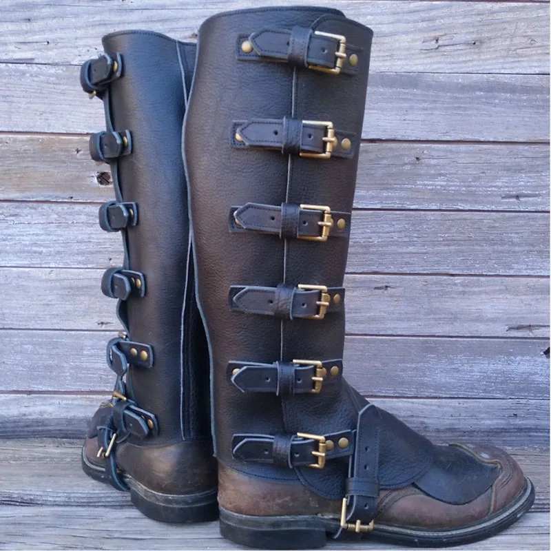 Polainas de armadura de pierna de cuero de caballero vikingo Medieval para hombres y mujeres, botas Steampunk, cubierta de zapatos, disfraz de Cosplay de LARP pirata, Greaves