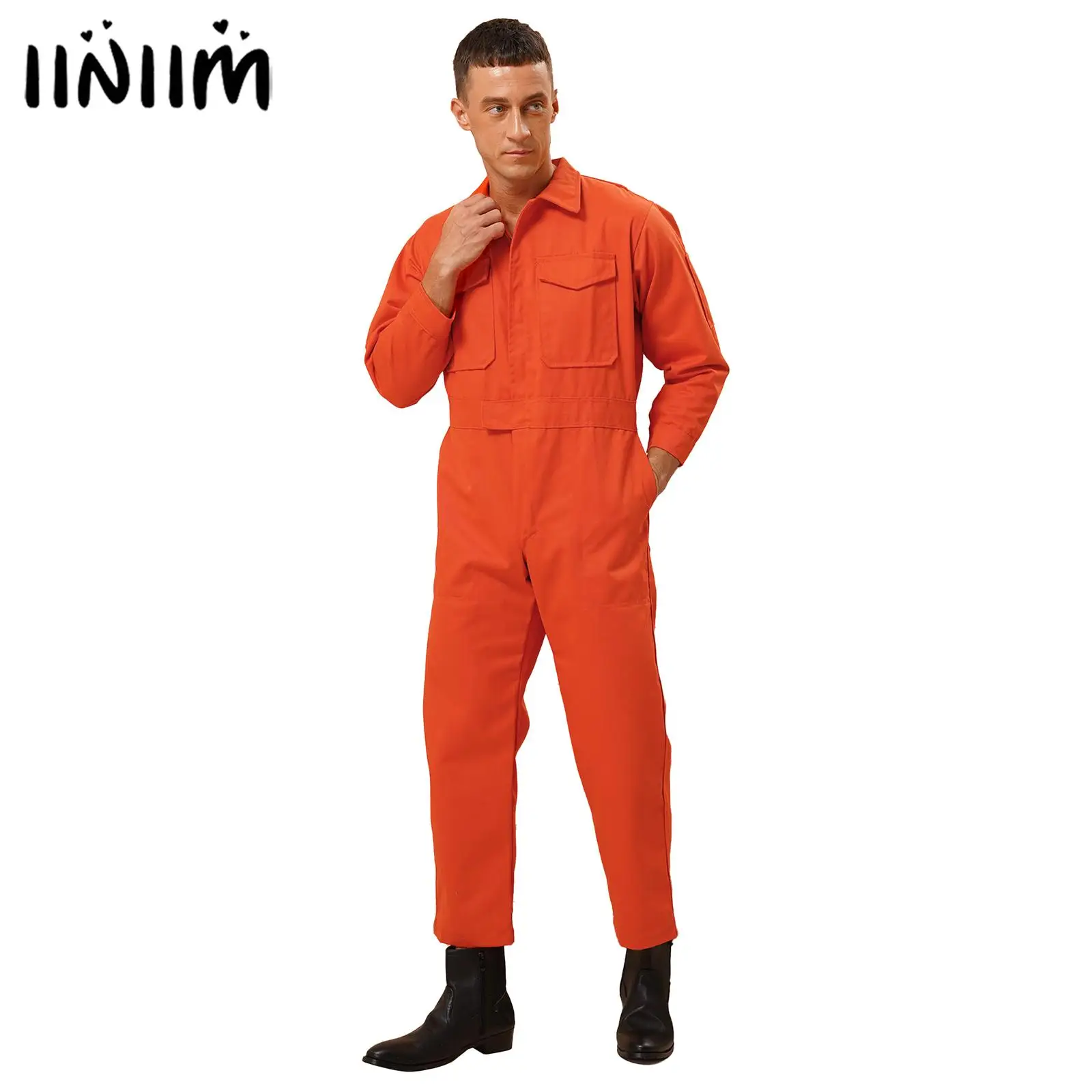 

Mens Long Sleeve Coverall Flame Resistant Multiple Pockets Work Coverall Jumpsuit for Routine Work Halloween Cosplay Streetwear