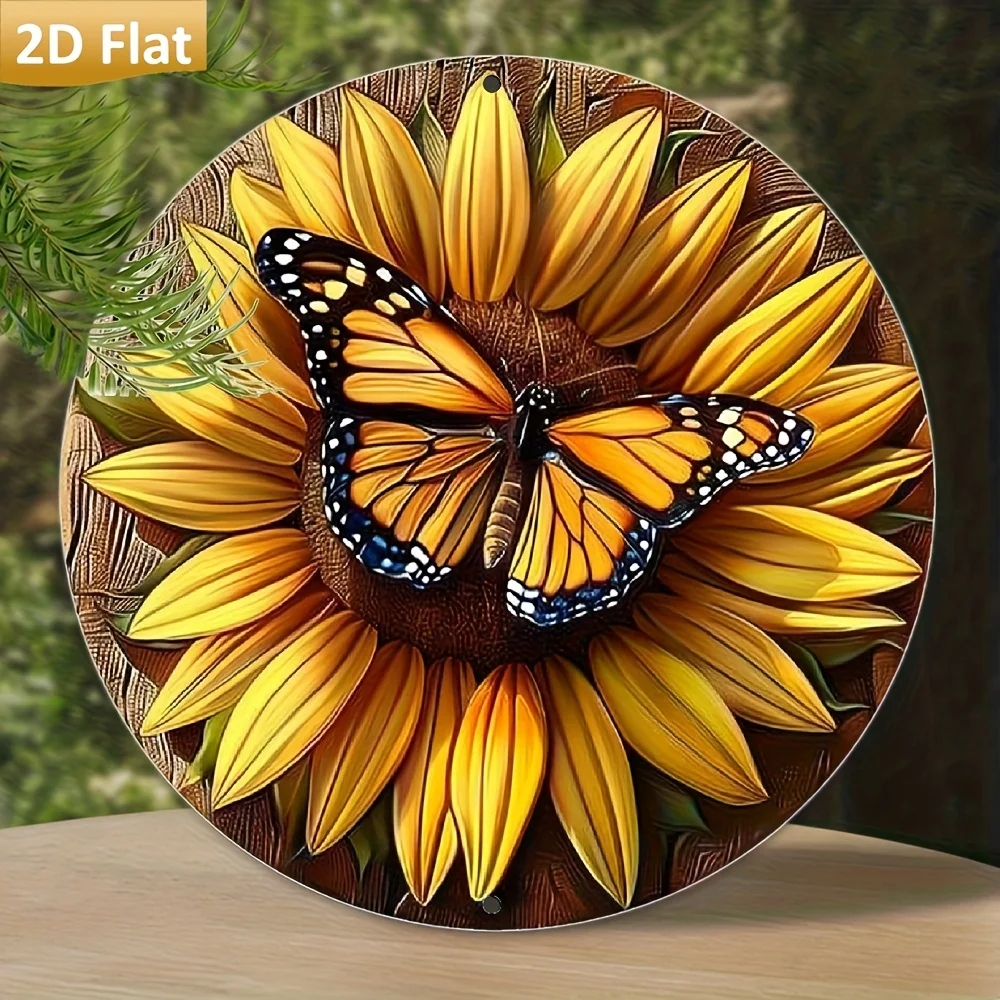 Funny Sunflower & Butterfly Round Aluminum Metal Sign – Vintage Wall Decor for Garden, Cafe, Bar or Home Patio