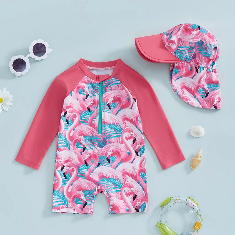 Long Sleeve Baby Girl Swimsuit with Hat Floral/Flamingo Print 3